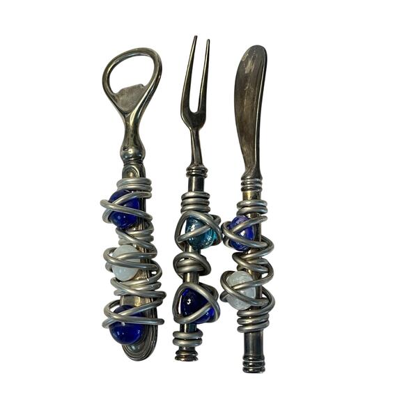Charcuterie Cheese Serving Utensils Bottle Opener Wire Wrapped Art Glass 3pc Set - Picture 2 of 7